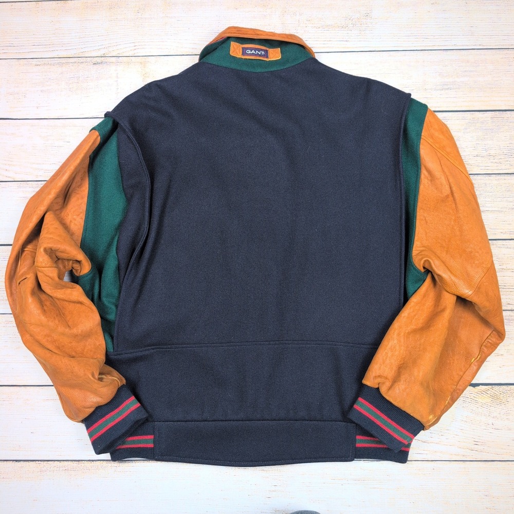 VTG‎ 90s GANT Wool Blend Leather Sleeve Bomber Varsity Jacket Mens L Color Block - Picture 8 of 9